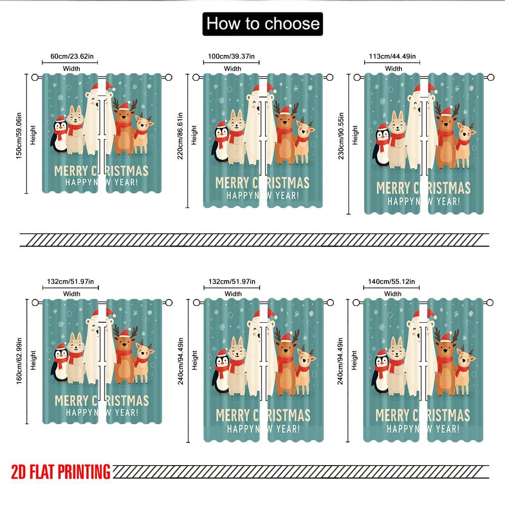 2pcs 2D flat printing Merry Christmas Curtains Cute Christmas Animals Merry New Year Digital Printed Polyester Drapes Party