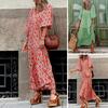 Women Bohemian Floral Print Dress V Neck A Line Maxi Beach Dress with Puff Sleeves Casual Loose Printed High Waist Swing Hem Dress for Beach Party