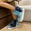 Fashion Fluffy Blue Fur Non Slip Warm Snow Boots Women 2025 Causal Mix Color Long Plush Snow Boots Women Thicken Bottom Faux Fur Shoes