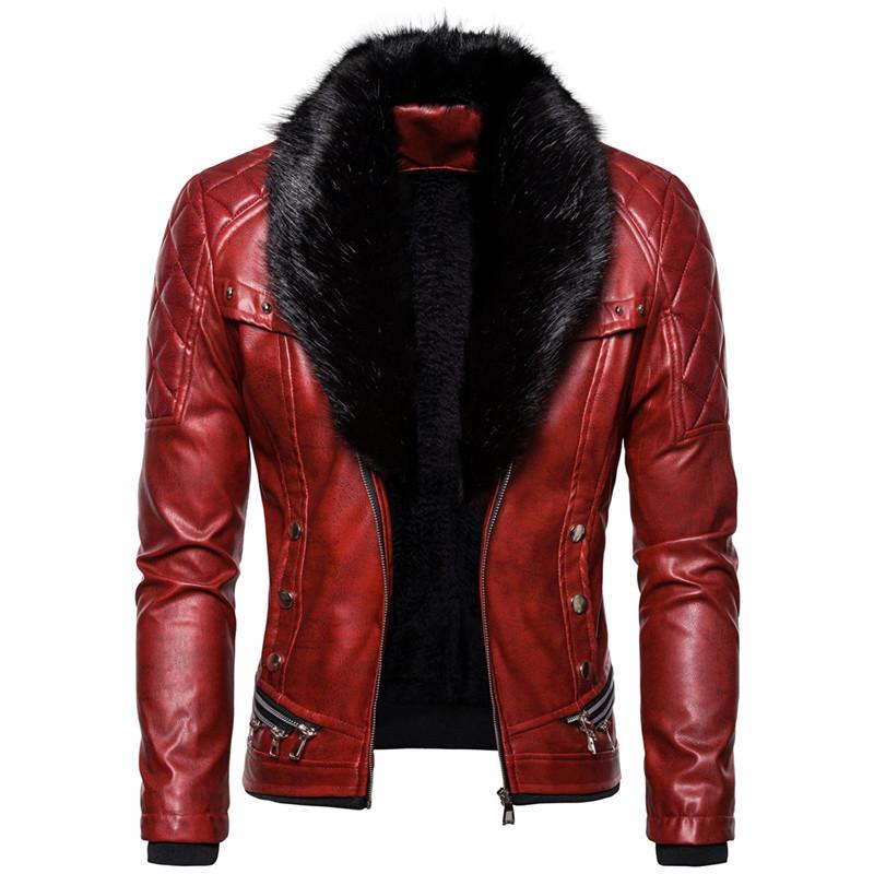 

Мотоциклетний бомбер Add Wool Leather Jacket Чоловічі осінні відкладні хутряні коміри Знімний приталений чоловічий теплий Pu Coats XXL червоний