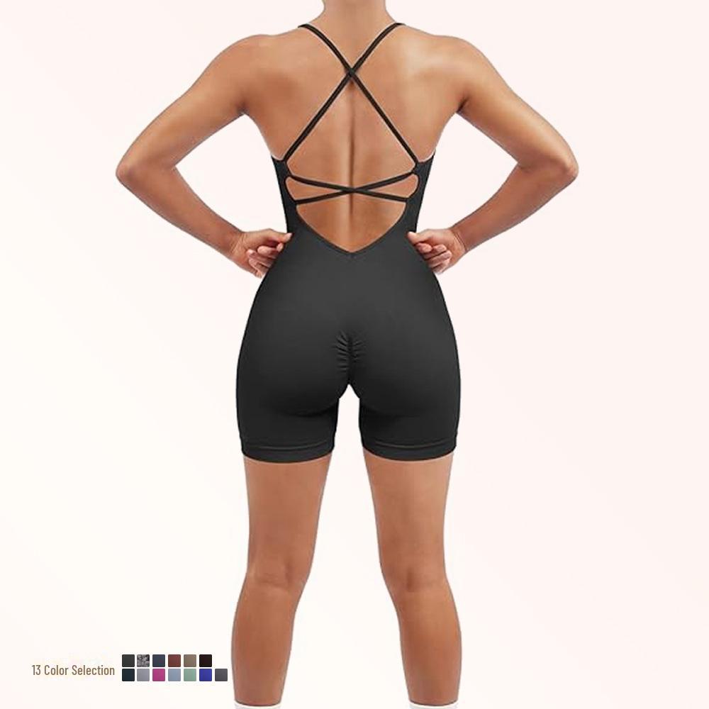 Nahtloser Yoga-Anzug mit Brustpolster - Damen Einteiler Fitness-Shorts & Schönes Rückendesign