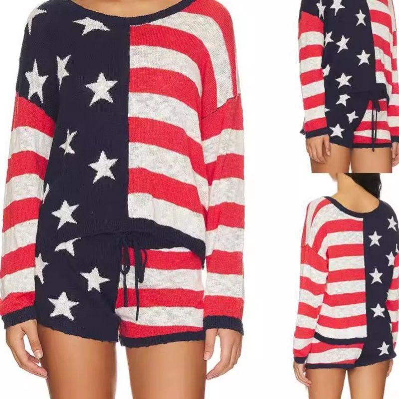 

Unique All-Match Women s Clothing Fashion Knitting Five-Pointed Star Contrast Color Stripes Long Sleeves Sweater Casual Shorts Suit Picture color L
