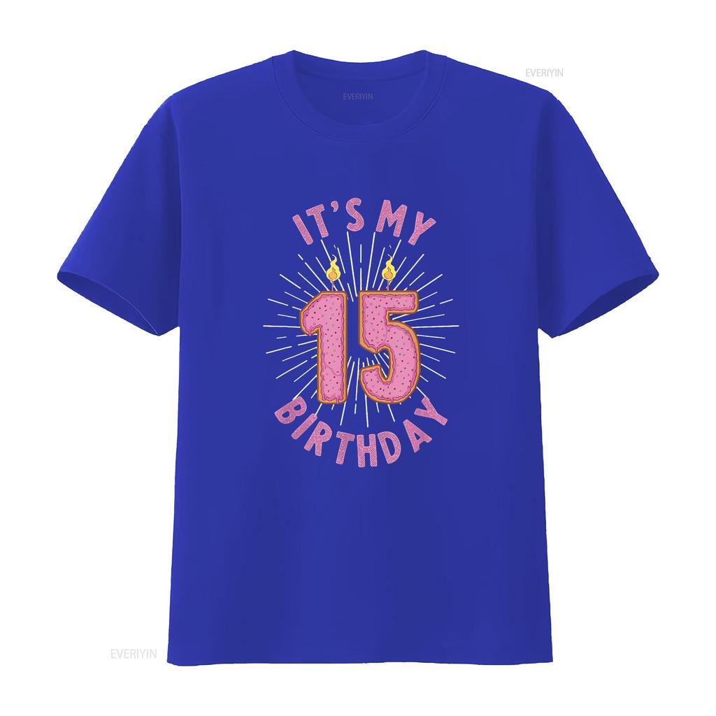 Womens 15 Year Old Girls 15Th Birthday Funny Donut Anniversary T Shirt Black 2XL vintage Washed Breathable Slightly fashion