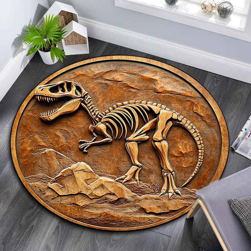 Dinosaur Fossil Relief Round Area Rug,Carpet Rug for Living Room Bedroom Sofa Playroom Decor,Non-slip Floor Mat