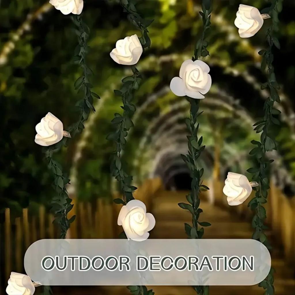 1pc White Rose With Green Leaf Vine String Light Courtyard Garden Decorative Lamp Battery Operated Suitable For Home Decor
