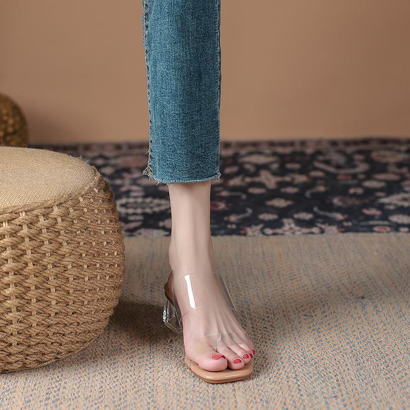 Transparent sandals women's summer outer wear 2025 new flat-bottomed medium heel thick heel crystal high heels one-word sandals women's shoes