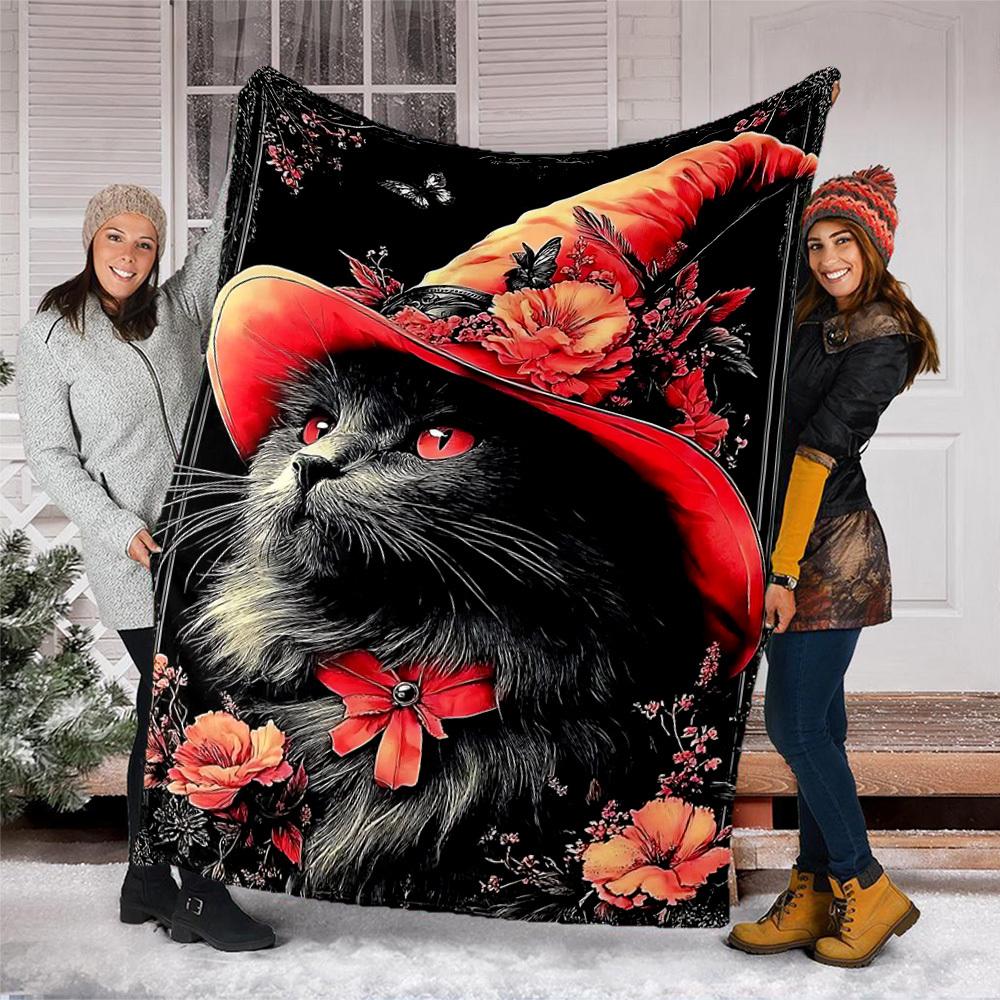 1pc Floral Hat Cat Print Outdoor Blanket, Lightweight Polyester,