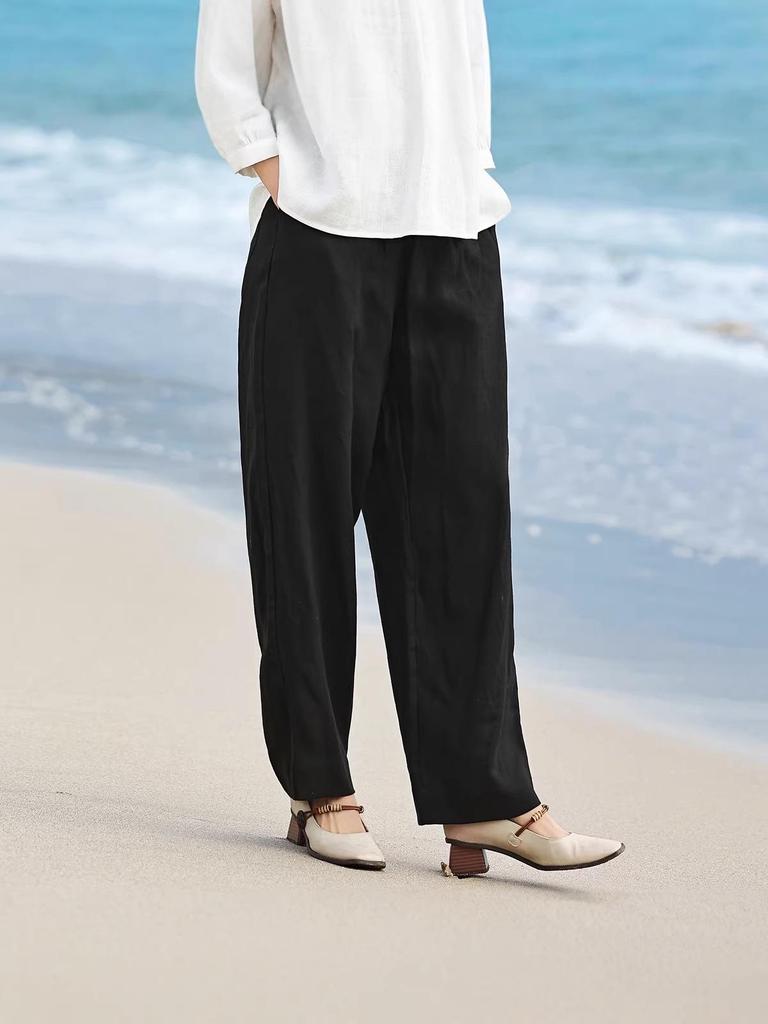 2026 Spring/Summer Tencel Linen Wide-Leg Women's Pants with Contrast Stitching