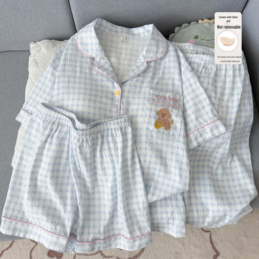 Women's Summer Cartoon Pajama Set: Short-Sleeved, Thin, 3-Piece with Chest Pads Suitable for Home or Outdoor Wear