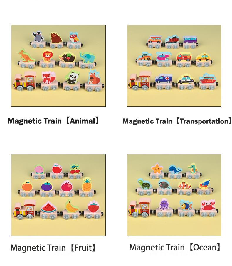 Montessori Magnetic Wooden Train Toys Early Educational Cognition Color Toy Learning Cars Animal Fruits Puzzle Train Set For Kid