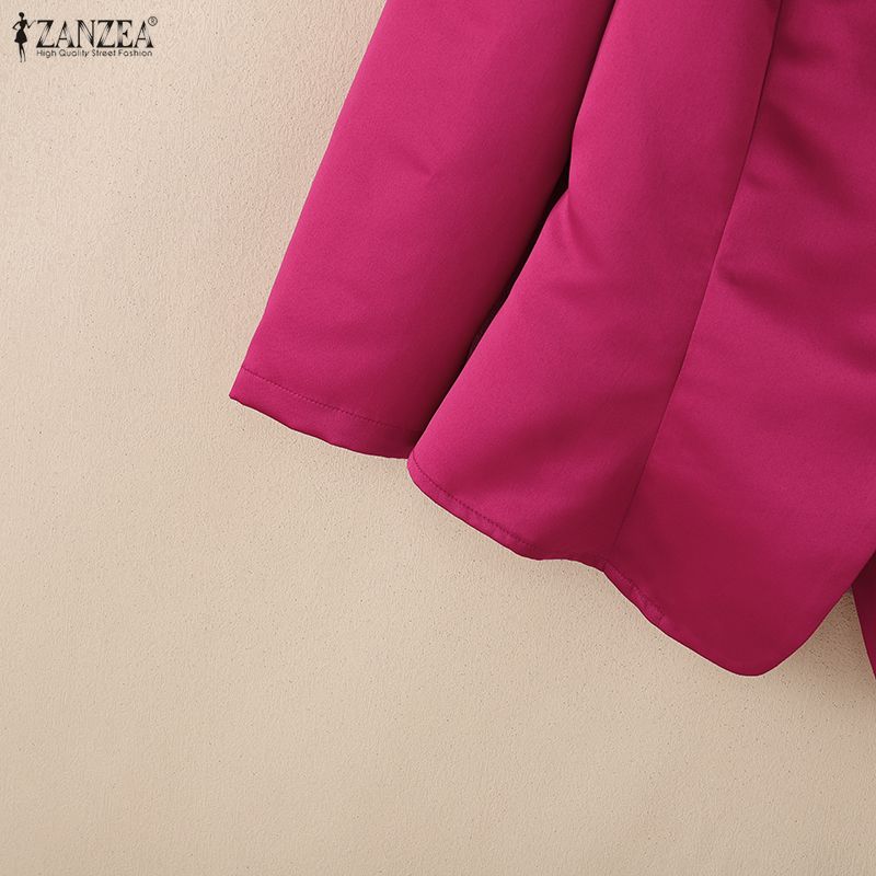 ZANZEA Damen Casual V-Ausschnitt Einfarbig 3/4-Ärmel Satinbluse