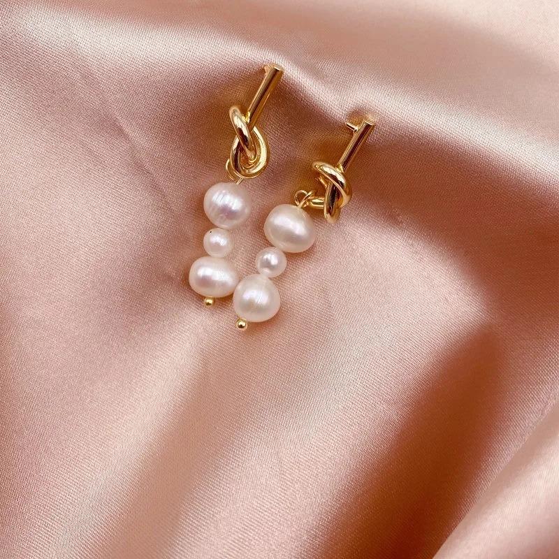 14K Gold Plated Triple Strand Freshwater Pearl Long Dangle Earrings Irregular Knotted Drop Jewelry for Women