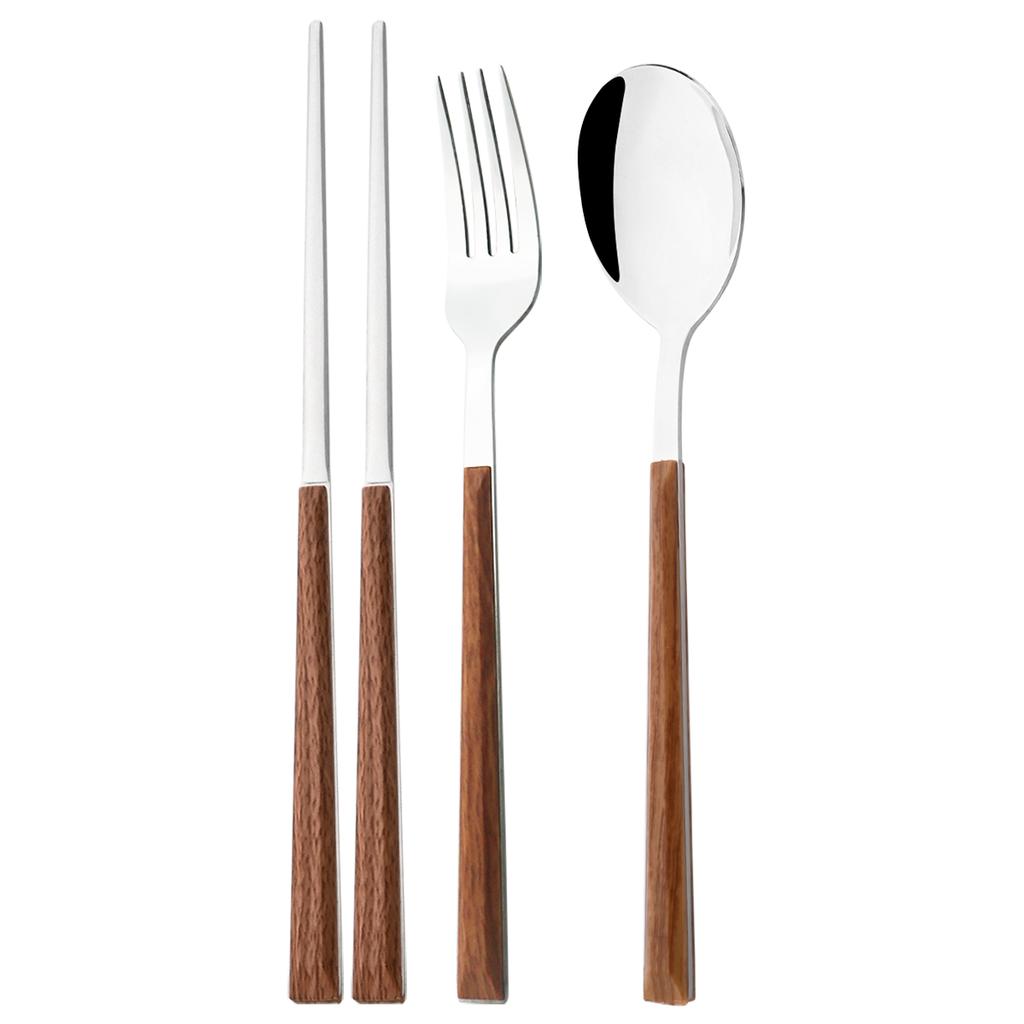 3Pcs/Set Fork Spoon Chopsticks Cutlery Set Wood Handle Dinnerware Stainless Steel Tableware Western Kitchen Flatware