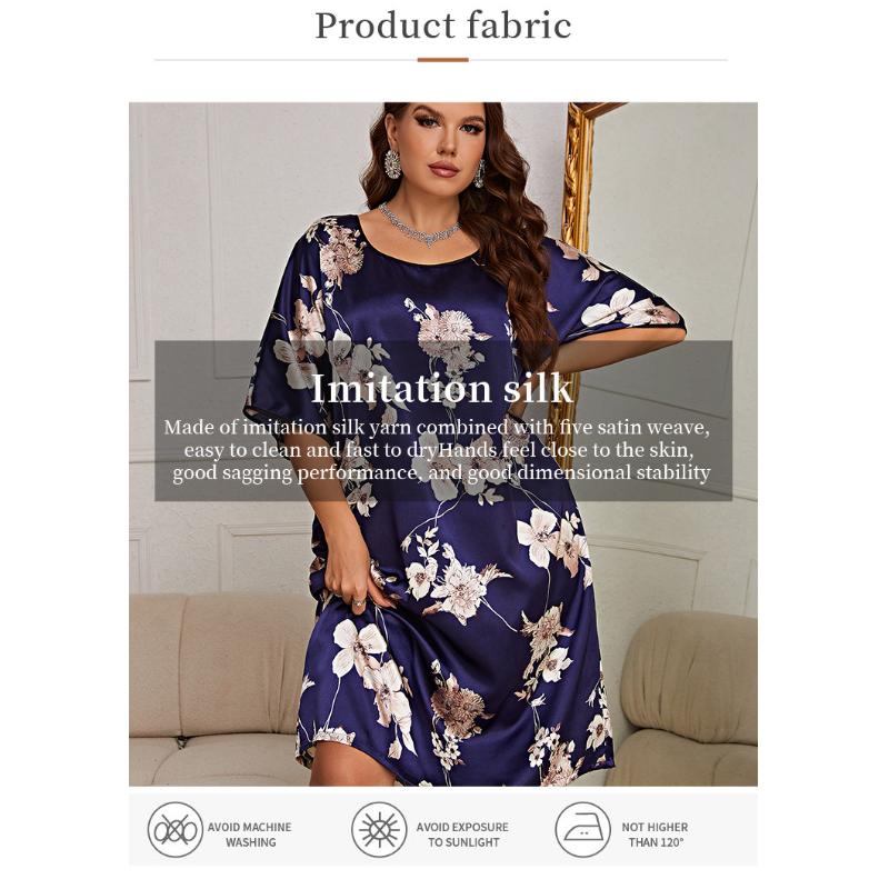 Plus Size Silk Like Print Nightgown Short Sleeve Mid-Length Cooling Sleep Dress Homewear Pullover Nightdress Summer