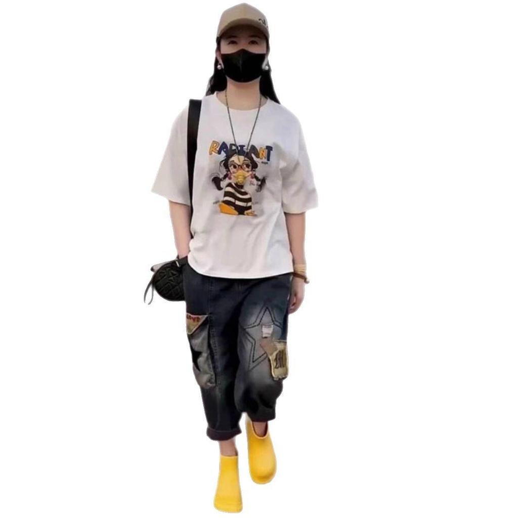 Damen Locker Geschnittenes T-Shirt mit Cartoon-Mädchen-Print, Kurzarm - 2025 Sommer Casual Rundhals-Oberteil