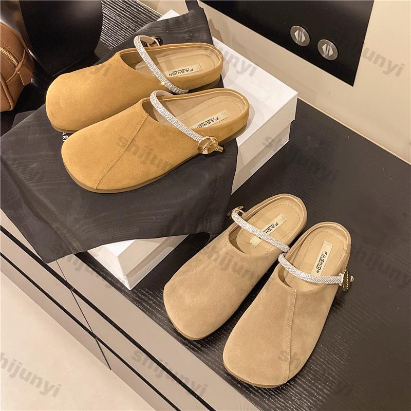 Women Shoes 2025 Summer New Vintage Rhinestone Half Drag Shoes Outdoor Comfort Soft Sole Metal Decoration Women Sandals