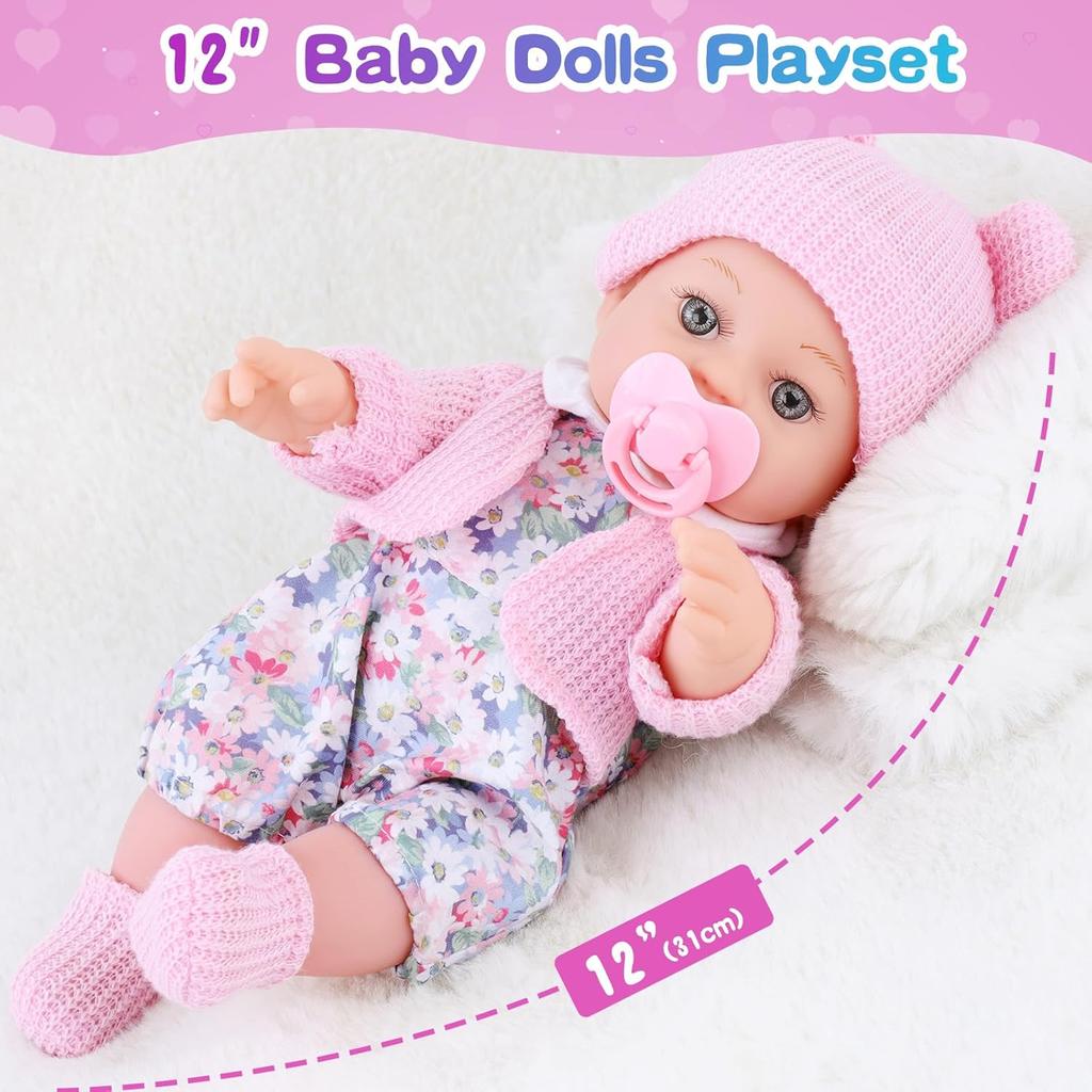 12 Inch Baby Doll Backpack Playset with Dolls Clothes and Accessories Included Backpack, Washcloth, Bottles, Nipple,Socks, Hats