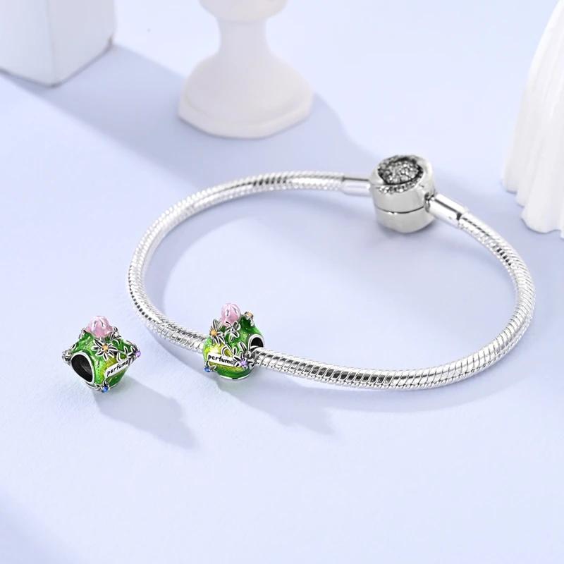 Charms Copper Plated Green Perfume Bottle Flower Pendants Fit Original Bracelet Beads Women Jewellery Making Diy