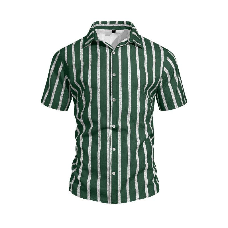Summer Casual Short Sleeve Shirt Vertical Stripe Pattern Men Daily Blouse Fashion Regular Fit Men Striped Turn Collar Short Sleeve Shirt
