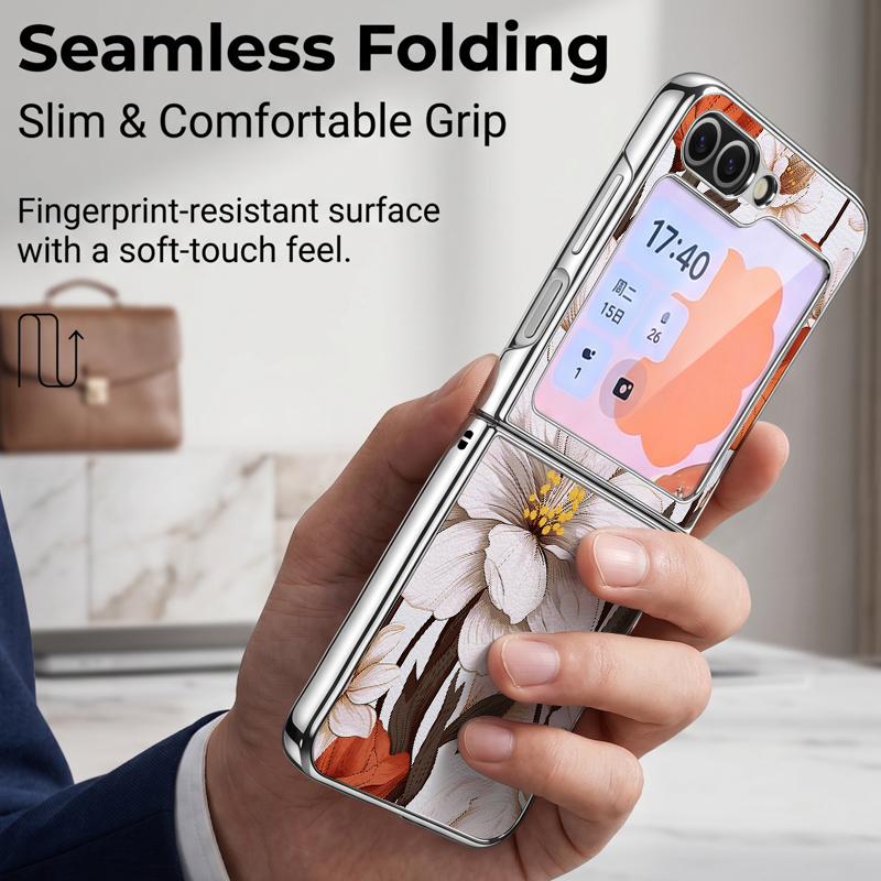 Oil Painting Flower Pattern Case For Samsung Galaxy Z FlIP 7 FE 6 5 Plating PC+PU Leather Hybrid Folding Cover For Samsung Z Flip7 Flip6 Flip5