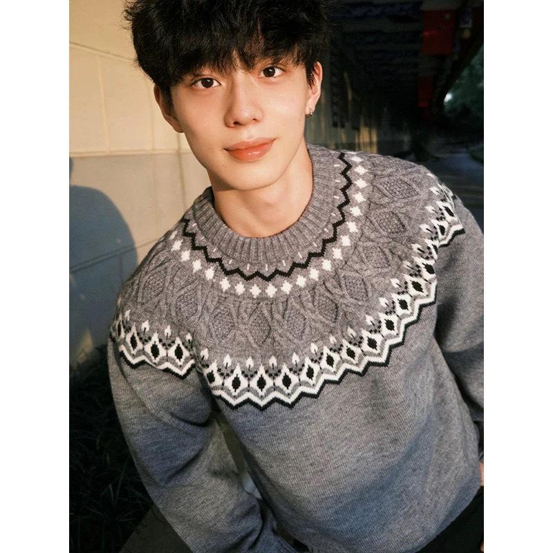 

Unisex Retro Fair Isle Knitwear Sweater - 2025 Casual Heavyweight Round Neck XL сірий колір