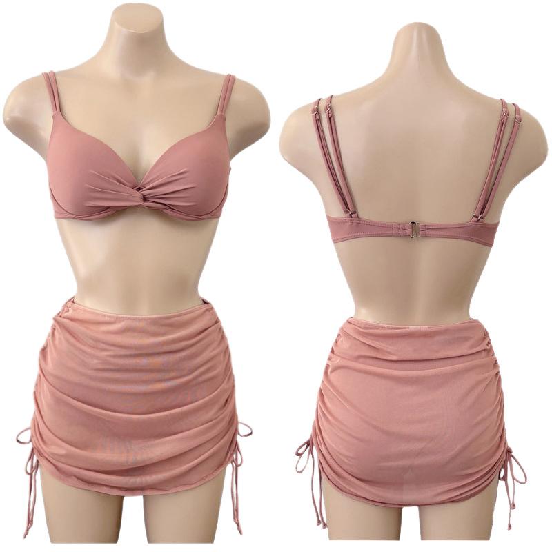 Korean 1011ins Wind Solid Color Split Bikini Women with Small Breasts Gather Babes Beach Vacation Hot Spring Swimsuit