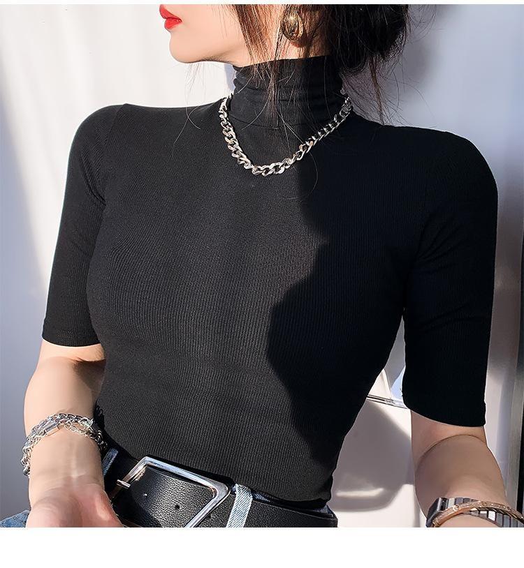 Elastic Slim Cotton Turtleneck T Shirts For Women Casual Short Sleeve Tee