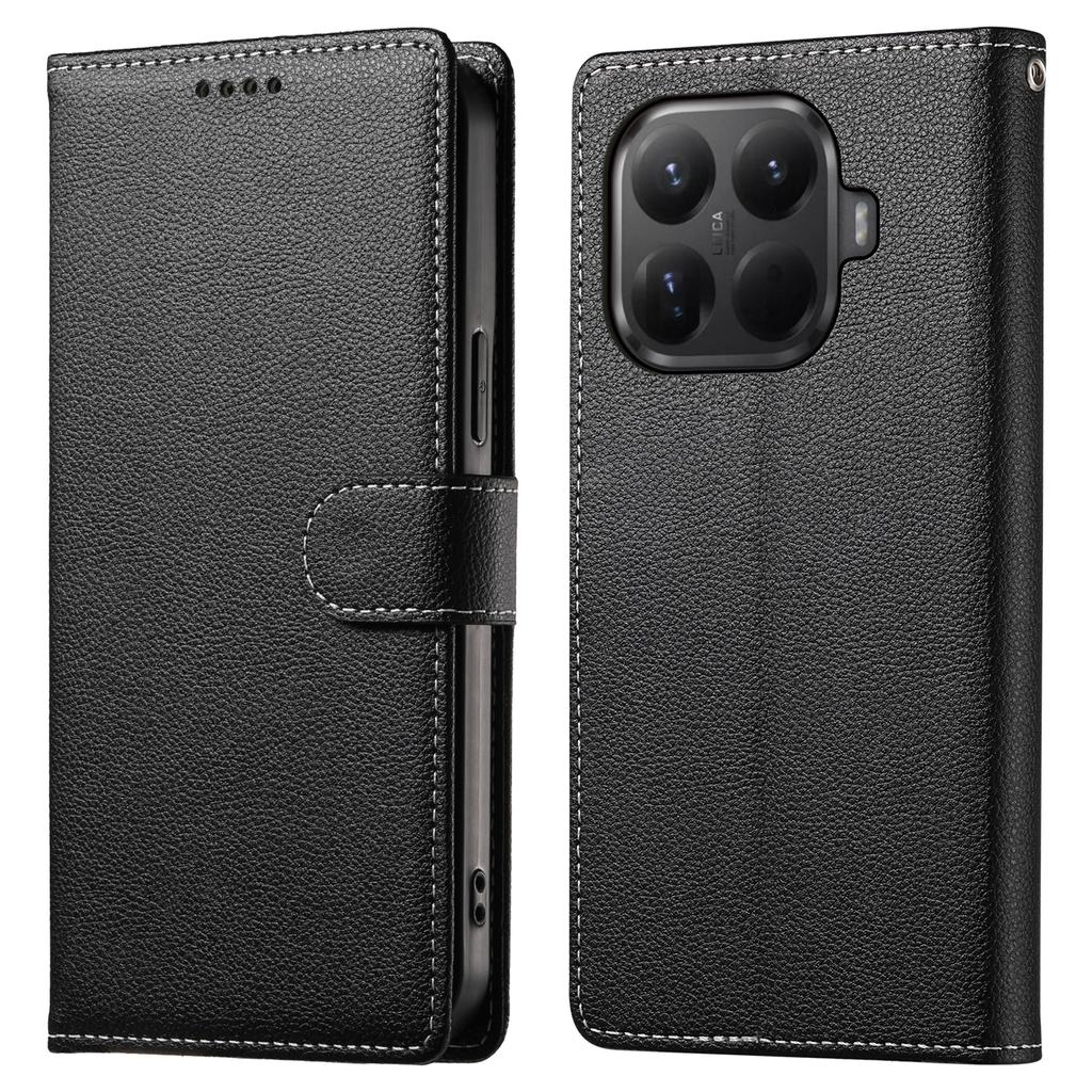 For Xiaomi 15T Pro Case Magnetic Snap Litchi Texture Leather Wallet Phone Cover with Wrist Strap
