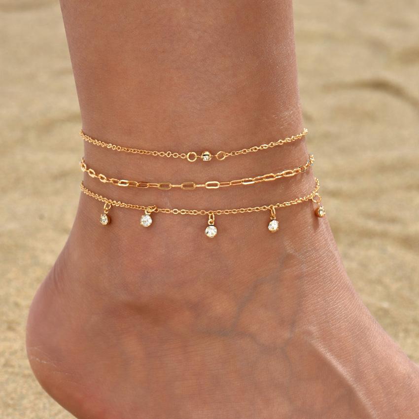 

Female Tiny Crystal Chain Anklet Gold Color Link Chain Barefoot Sandals Bracelet Ankle on The Leg Foot Zircon Accessories