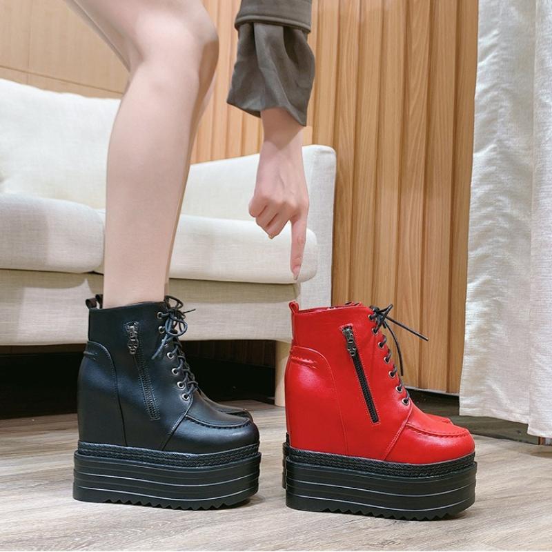 2025 New 12CM High Heel Platform Ankle Boots Women Genuine Leather Round Toe Creepers Thick Sole Oxfords Party Pumps Punk Goth