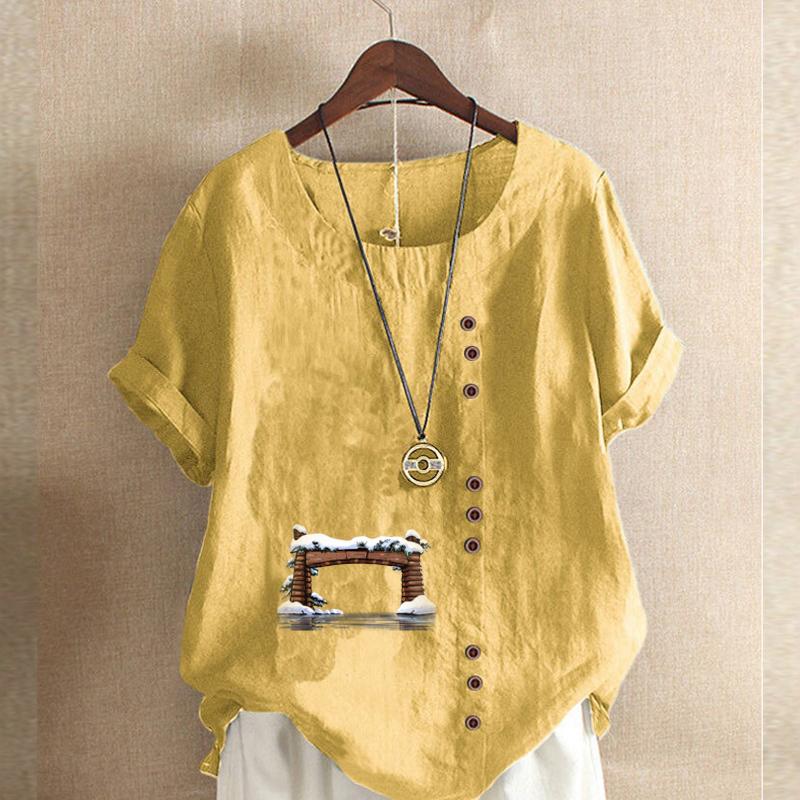 Women's Fashion Round Neck Short Sleeve T-shirt Casual Cotton Linen Graphic Shirt Leisure Loose Door Prined Summer Blouse Tops