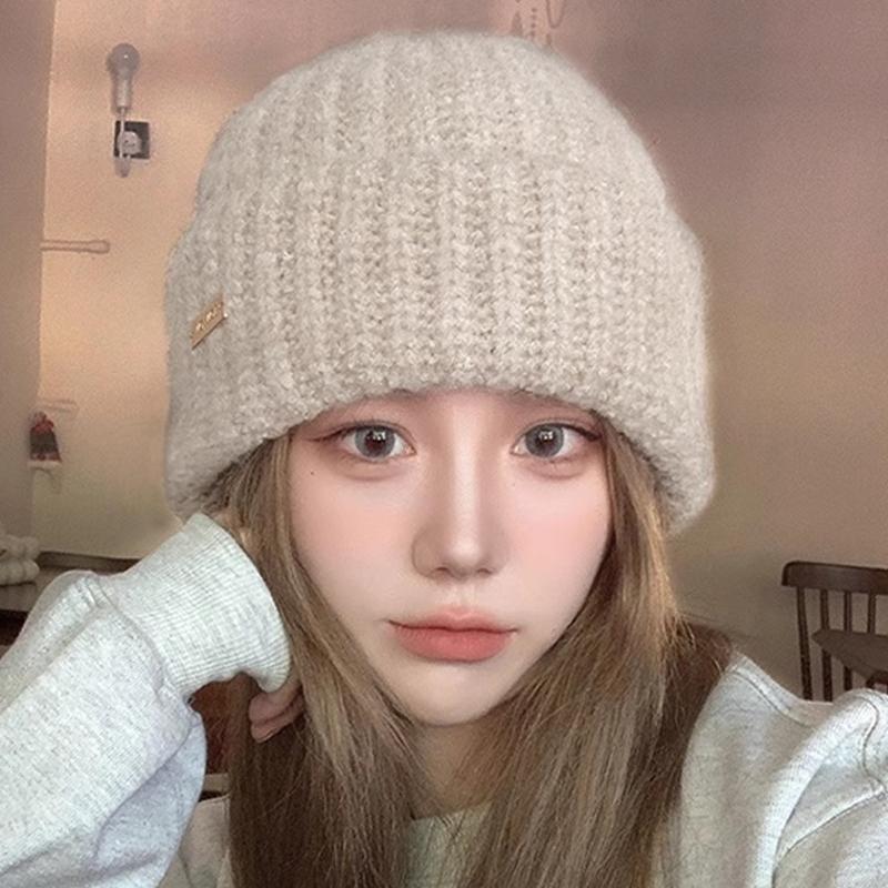 Knitted Beanie Hat Women Soft Warm Hand Crochet Bonnet Caps Solid Color Thick Winter for Girl Thermal Ear Protection Outdoor Hat