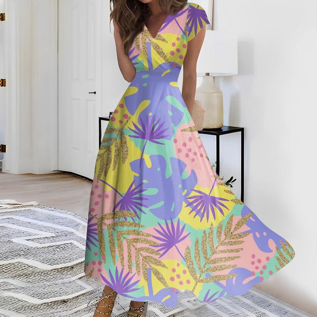 Women's Summer Leaf Floral Printed V-Neck Long Dress Dress