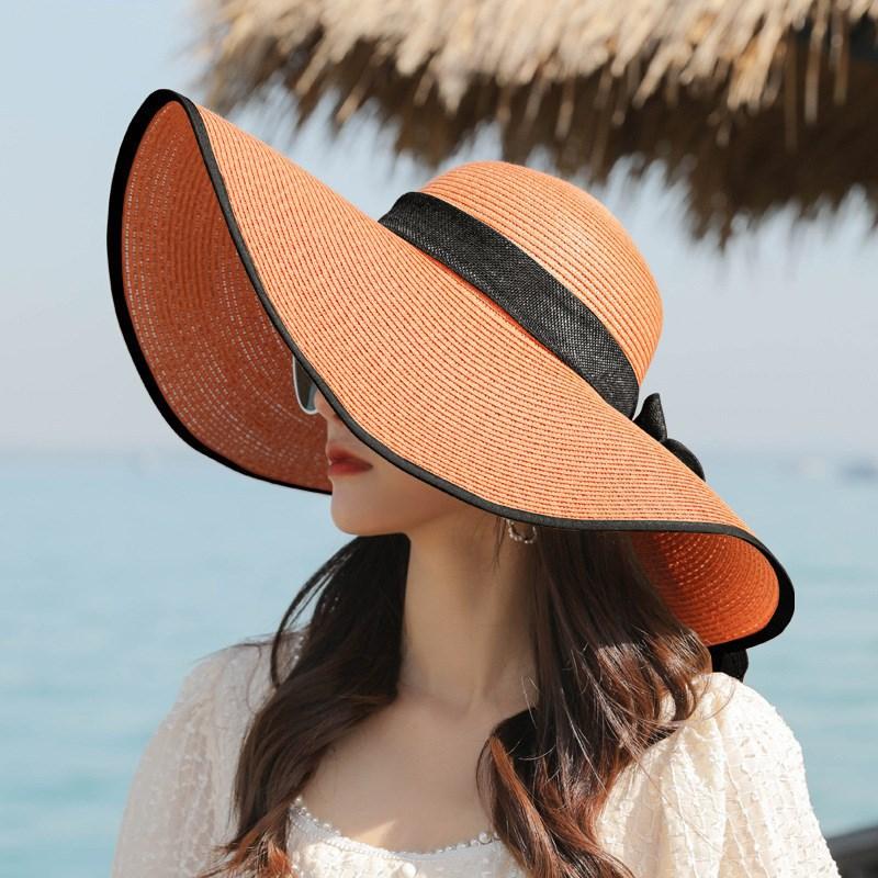 Summer Wide-Brim Sunshade Travel Beach Hat for Women, Bowknot Straw Hat, Sun Protection, Foldable Summer Sun Hat for the Beach