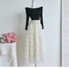 Luxus Schulterfreies Langarm-Netz-Patchwork Midi-Kleider Damen Herbst Stilvoll Pailletten Rüschen Schichtweise Stufig Faux Zweiteilige Kleider