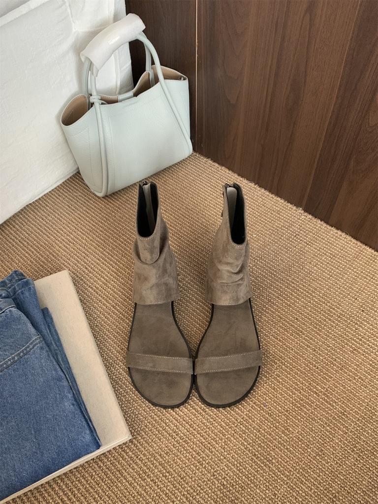Coarse Heel Suede Piled Boots Breathable Cool Boots Women's Shoes 2025 Summer Hollow Vacation with Skirt Khaki Short Boots