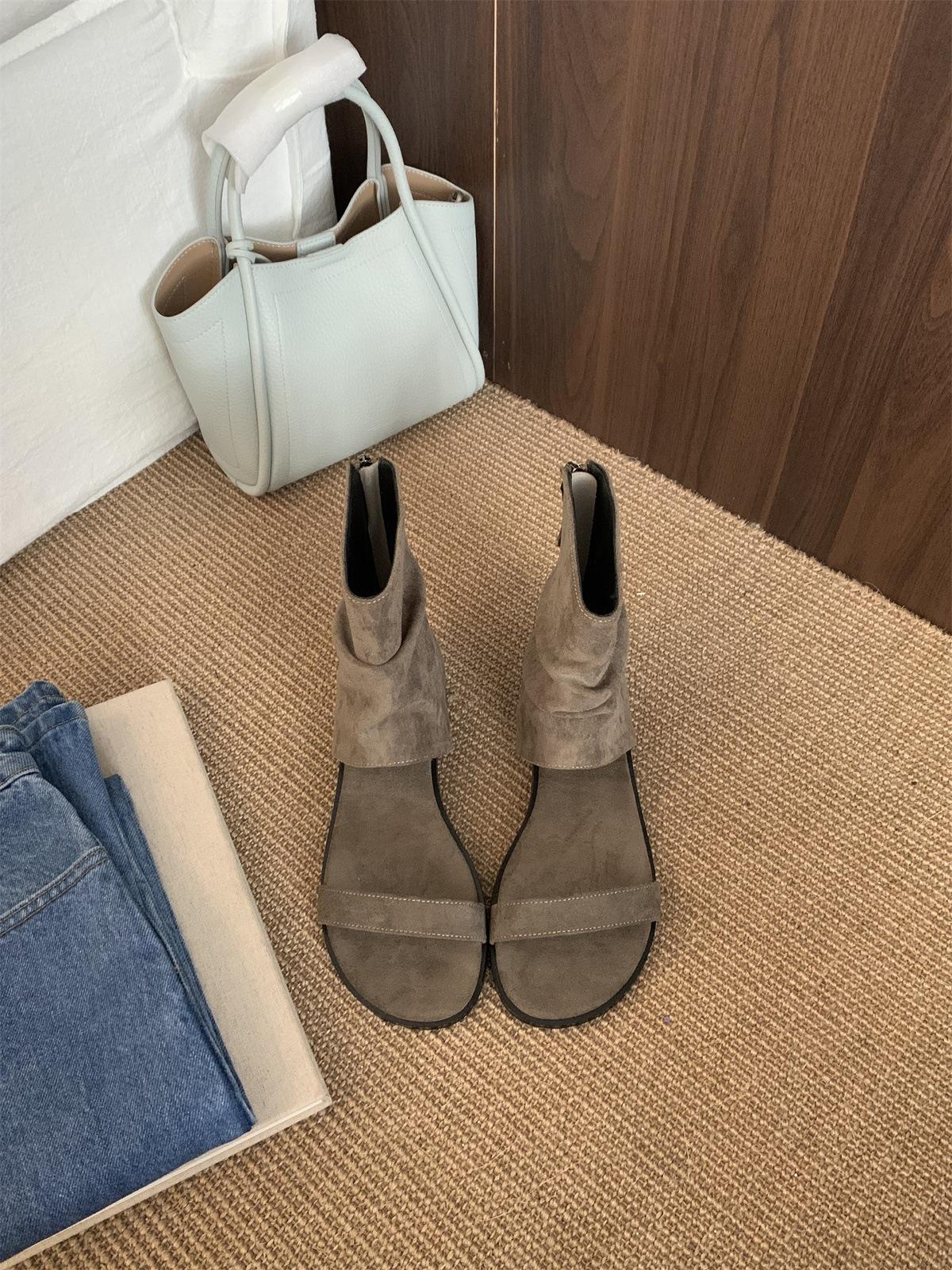 

Сапоги на грубом каблуке из замши с напуском, дышащие и прохладные, женская обувь, лето 2025, полые, для отпуска, с юбкой, хаки, короткие сапоги 39 хаки