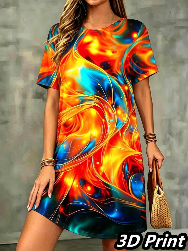 Fashion 3D Print Summer Dress Loose Casual Short Sleeve O-Neck Mini Dress