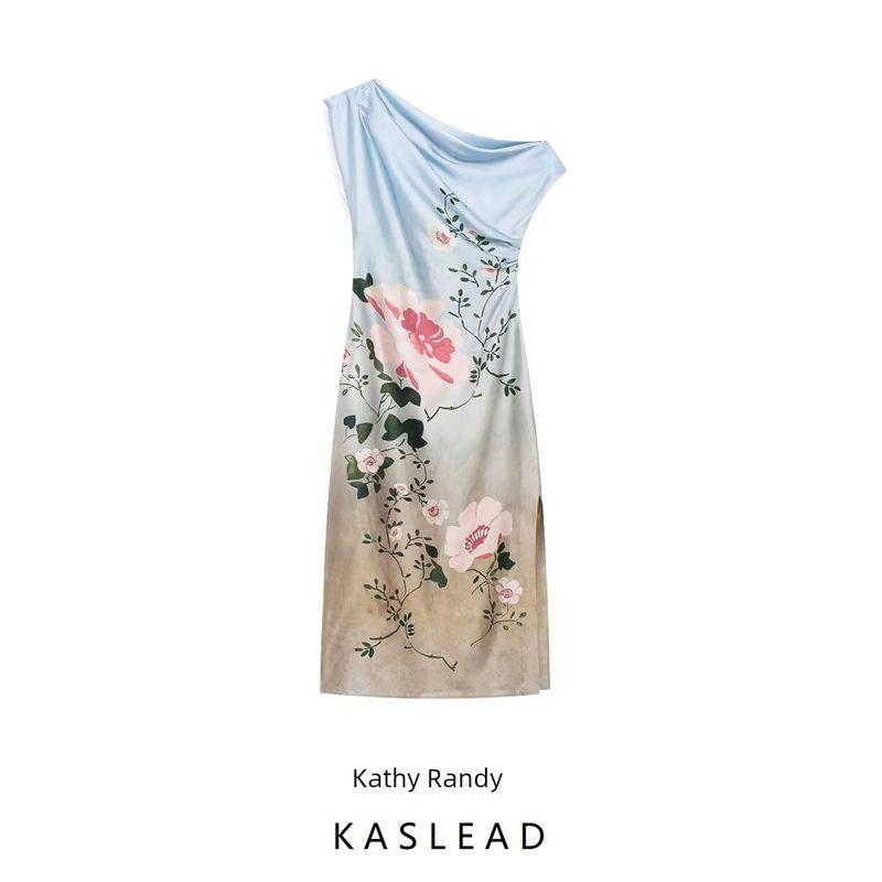 Kaslead New Arrival Women's Clothing Fashion Style Fashion Flowers Print Silk Satin Texture Dress 8828186