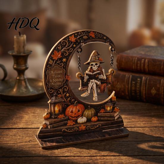Crescent Moon Ghost Ornament Swinging On Halloween Decoration Spooky Reading Ghost/Skeleton Wooden Bookshelf Unique Table Centerpiece for Home Nook,