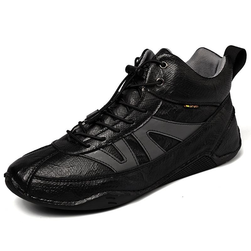 Men's High-Top Autumn Casual Leather Shoes - Genuine Leather, Soft Sole, Work Boots, Outdoor, Plus Velvet Cotton Lining