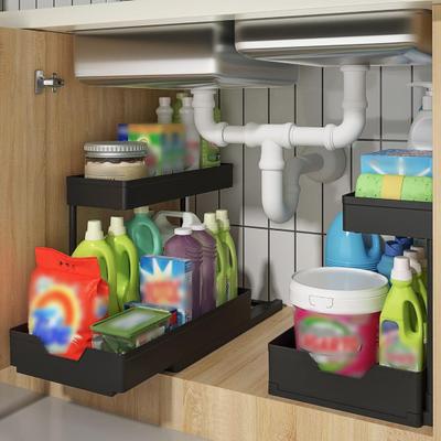 Kitchen Cabinet Pull-Out Storage Rack Under-Sink Organizer Large Capacity 2 Tier L-Shape Easy Installation Storage Organizer