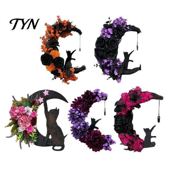 Indoor Dark Theme Soft Furnishings Halloween Black Cat Moon Wreath, Gothic Crescent Grapevine Wreath with Style Holiday Home Accents Rose Flowers,