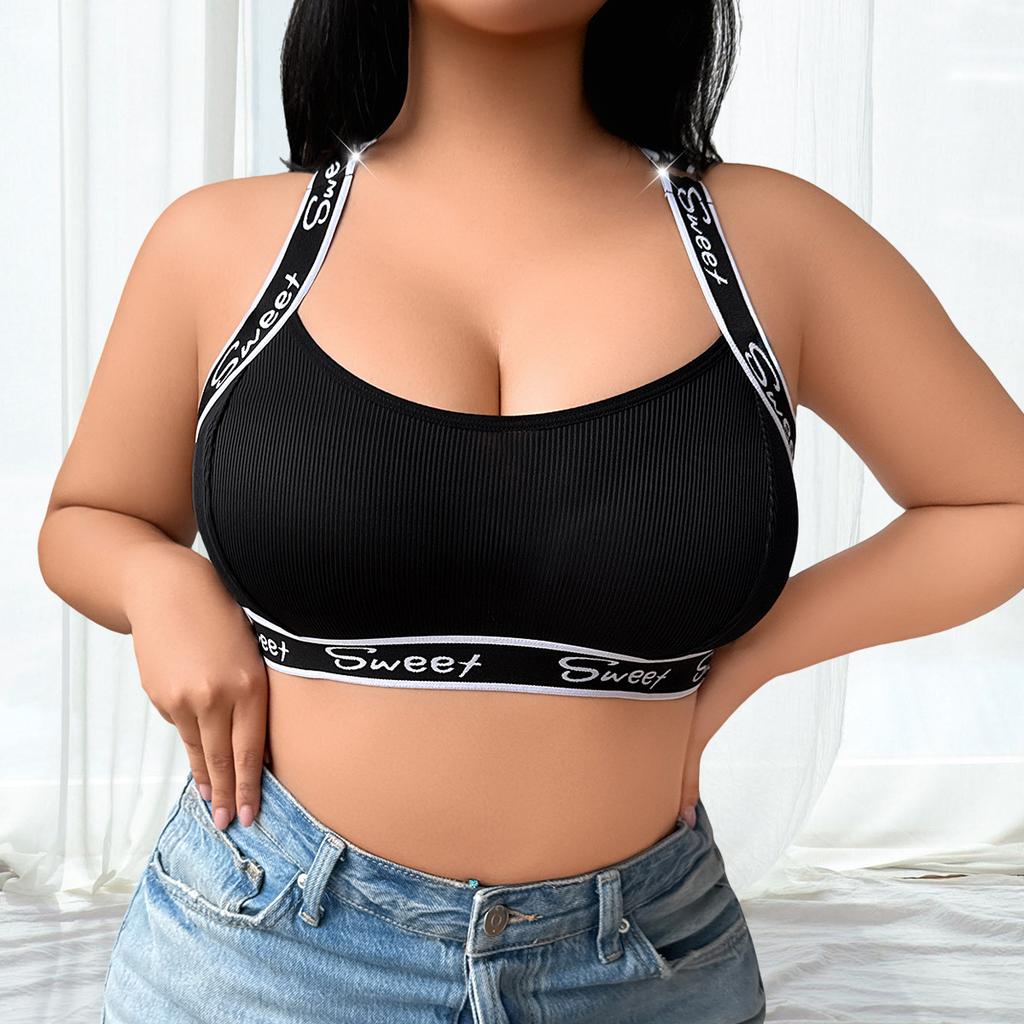 Plus Size Letter Print Ribbed Wireless Sports Bralette