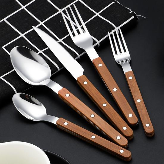 Geschirrset Klassisches Französisches Design 5-teiliges Edelstahl-Besteck mit Imitation-Holzgriff Spülmaschinenfest Besteckset Rostbeständig Steakmesser