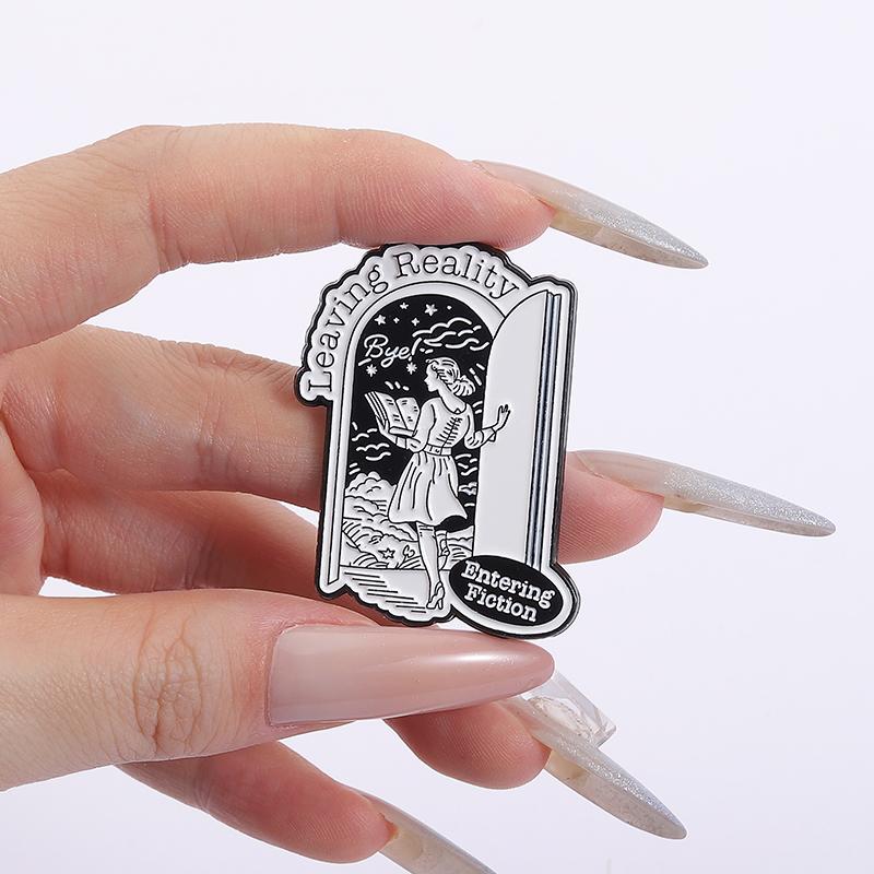 Leaving Reality Enamel Pins Custom Entering Fiction Reading Brooches Lapel Badges Clothes Punk Jewelry Gift for Friends