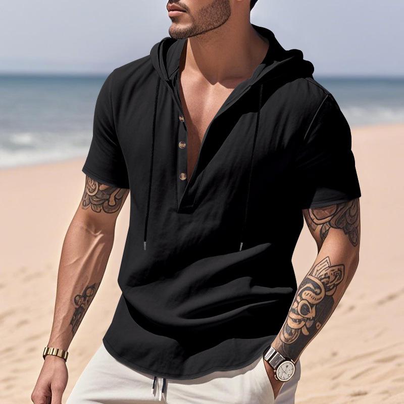 New Men's Casual Linen Hooded Henry Shirt Short-sleeved Shirt Men