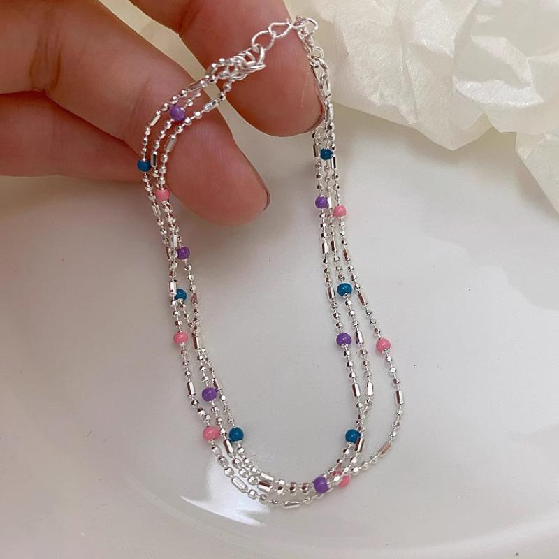 925 Silver Multicolour Bead Bracelet For Women Three Layers Geometry Drip Glaze Versatile Jewelry Dropship