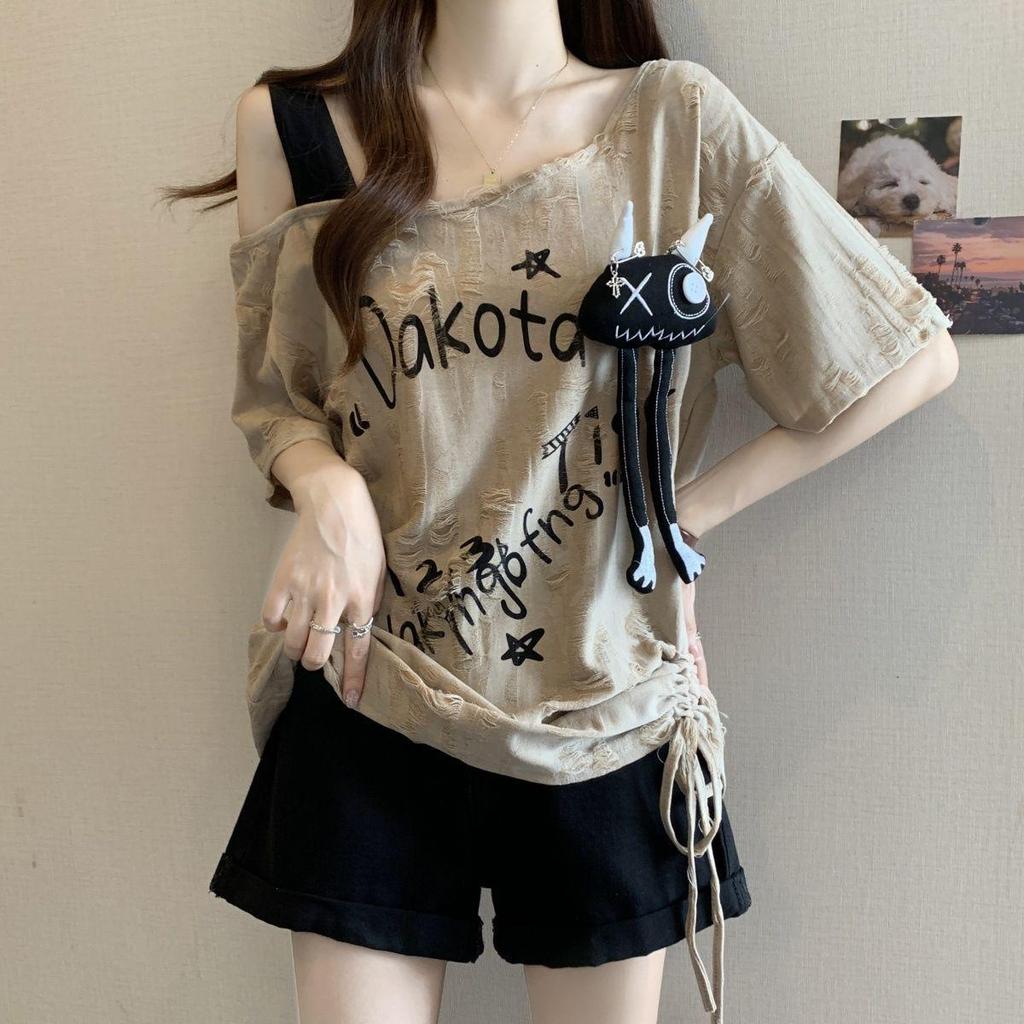 Women's Plus Size Off-Shoulder Ripped Short-Sleeve T-Shirt with Drawstring