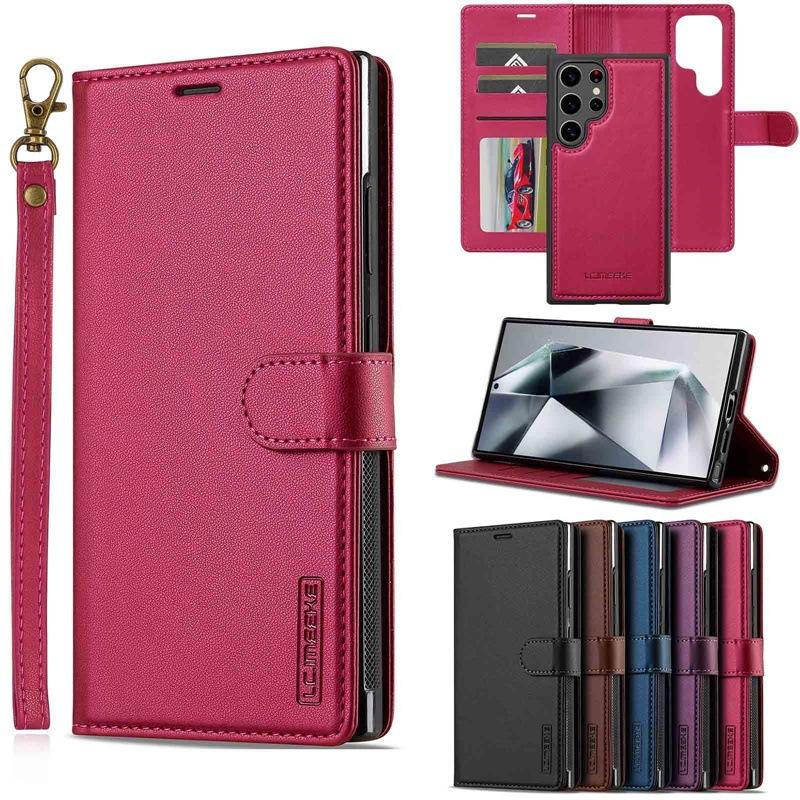 2-in-1 Magnetic Detachable Case for Samsung S25 Ultra, A17 Flip Cover with Card Slot and Lanyard, Leather Case A5655